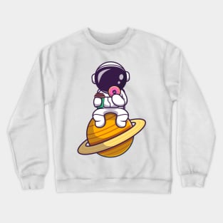 Cute Astronaut Eating Doughnut And Holding Coffee Cup On Planet Cartoon Crewneck Sweatshirt